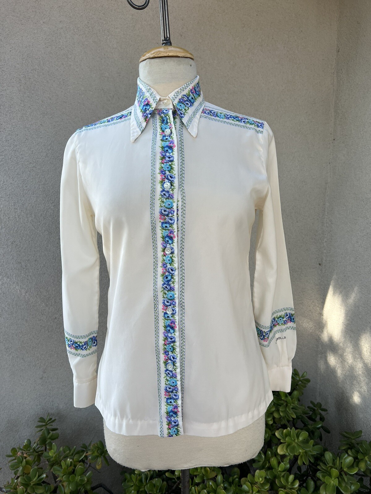 Vtg Blouse sheer white pink blue floral trim Small By Loubella