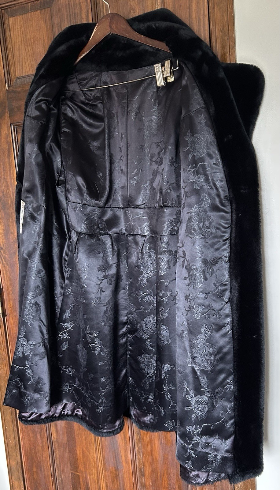 Vintage Borgana Black Faux Fur Plush Coat Double Breasted Women’s Sz M 42”