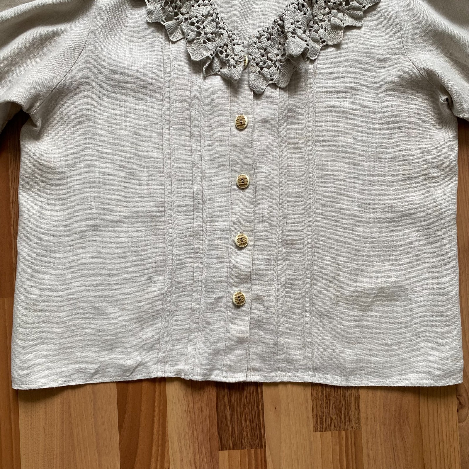100% Linen Vintage Puff Sleeves Blouse Button Front Bavarian Romantic Folk 42