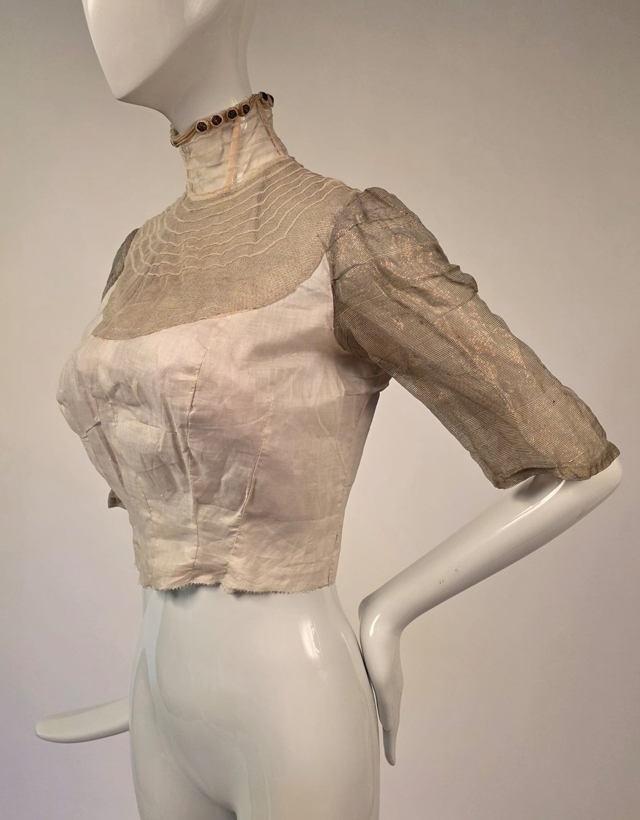 ANTIQUE EDWARDIAN METALLIC GOLD LAME TRIMMED UNDER BLOUSE W HIGH COLLAR