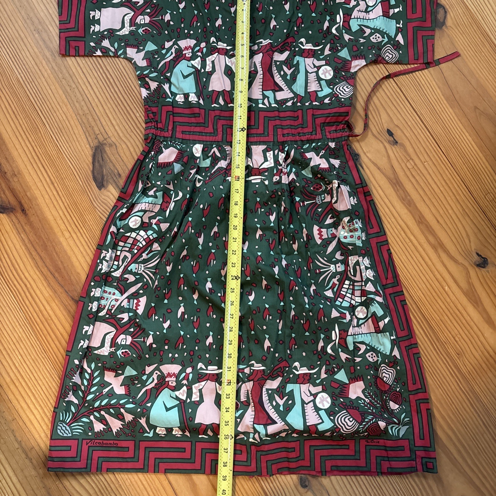 Vintage 1970 Silvania Prints Cotton,Mid Dress Sz S,Handprinted Peruvian Folklore