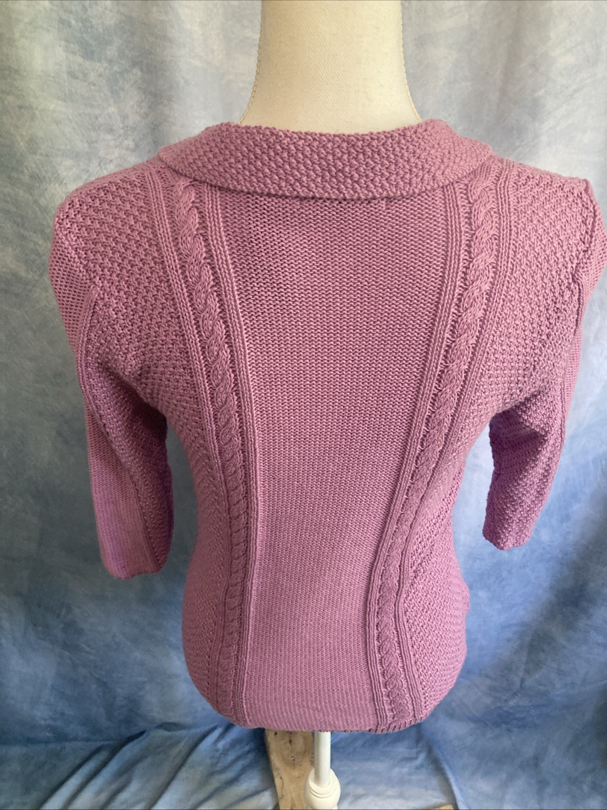 Vtg Y2K Heather B Purple Knit Cardigan Top S Cotton 3/4 Sleeve Collared Coquette