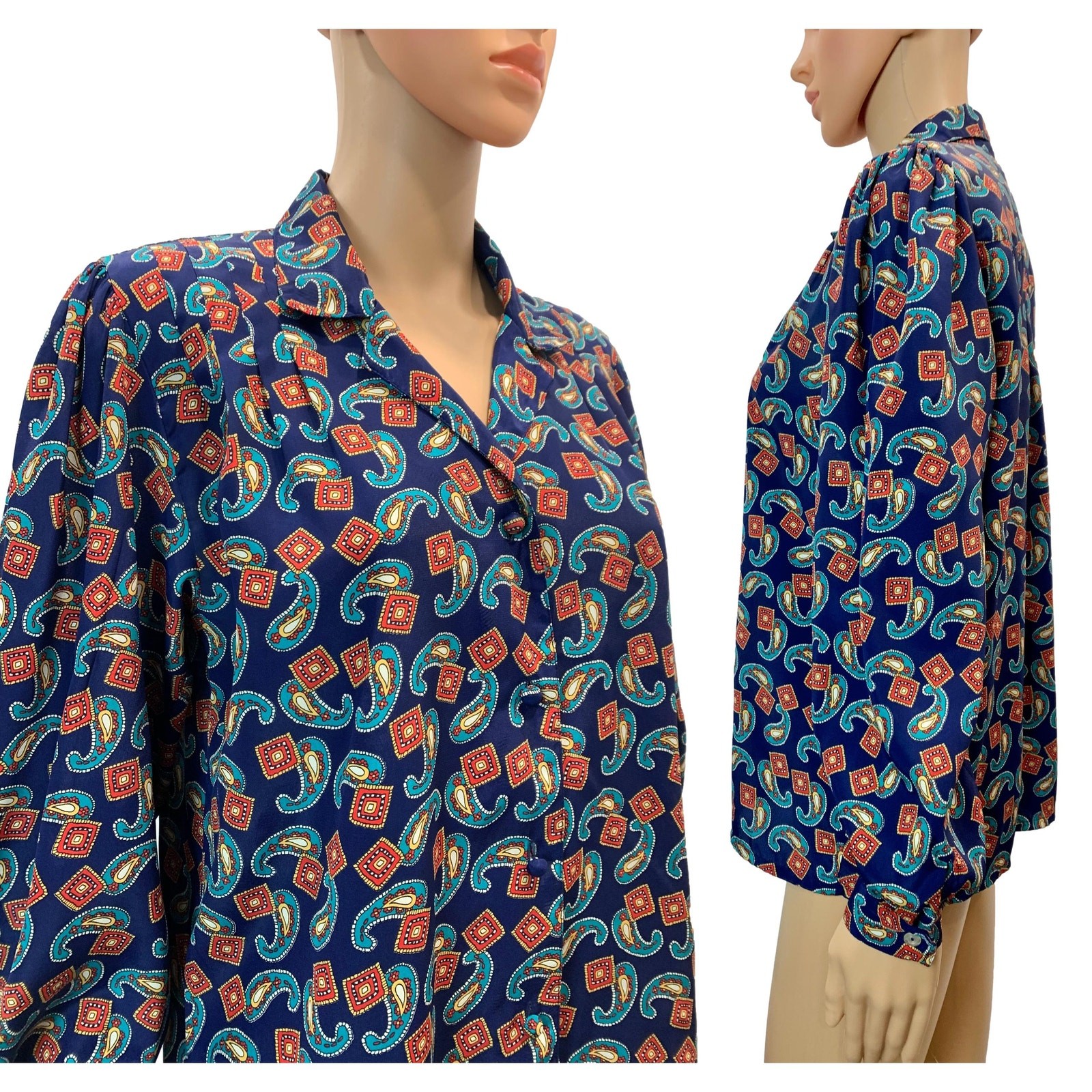 80s Silky Paisley Print Blouse Blue Teal Red Gold Josephine Size 6