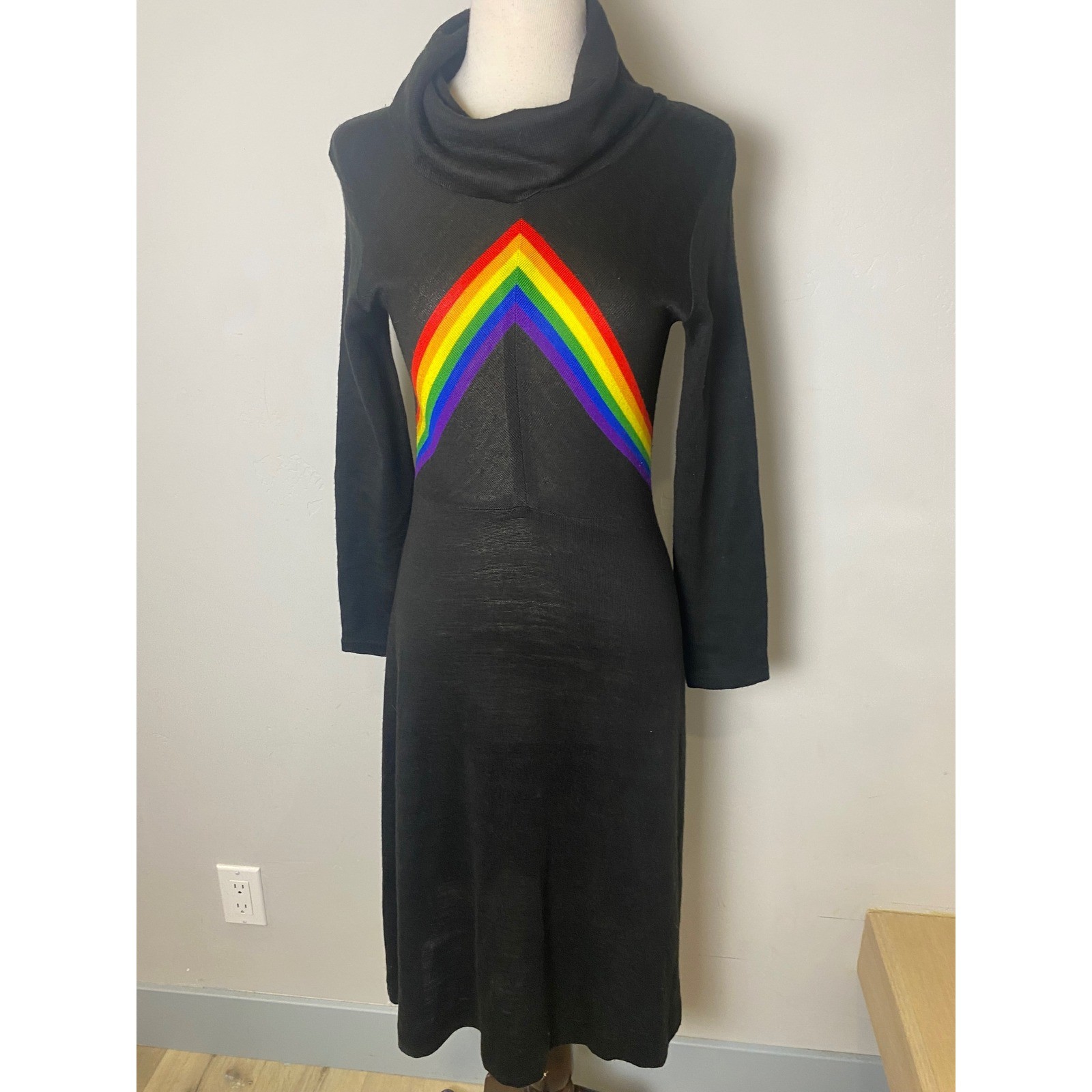 Vintage 70s Rainbow Chevron Knit Midi Dress Black Cowl Neck Long Sleeve Size
