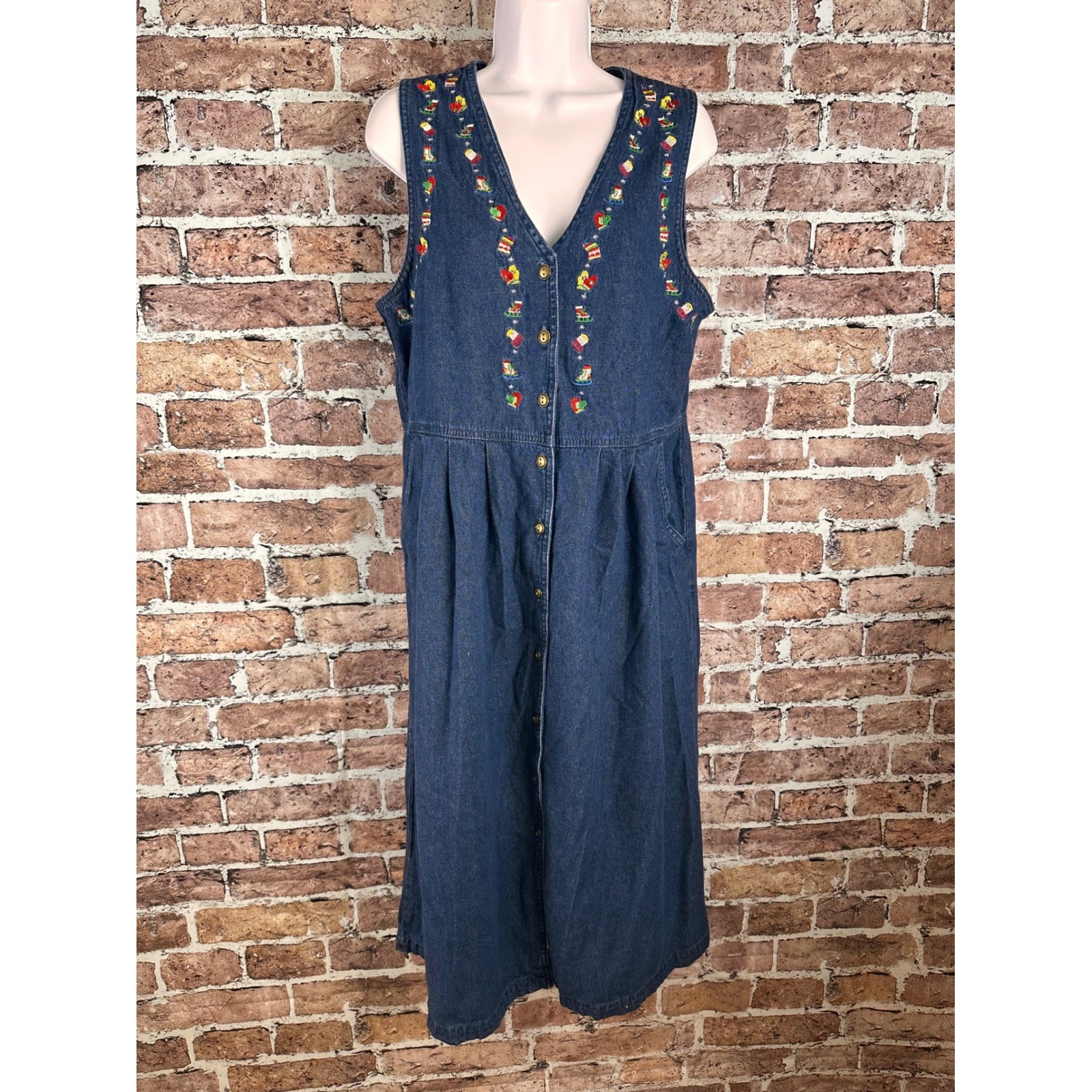 Original TY Wear Vintage Denim Christmas Embroidered Jumper Dress Blue 10P