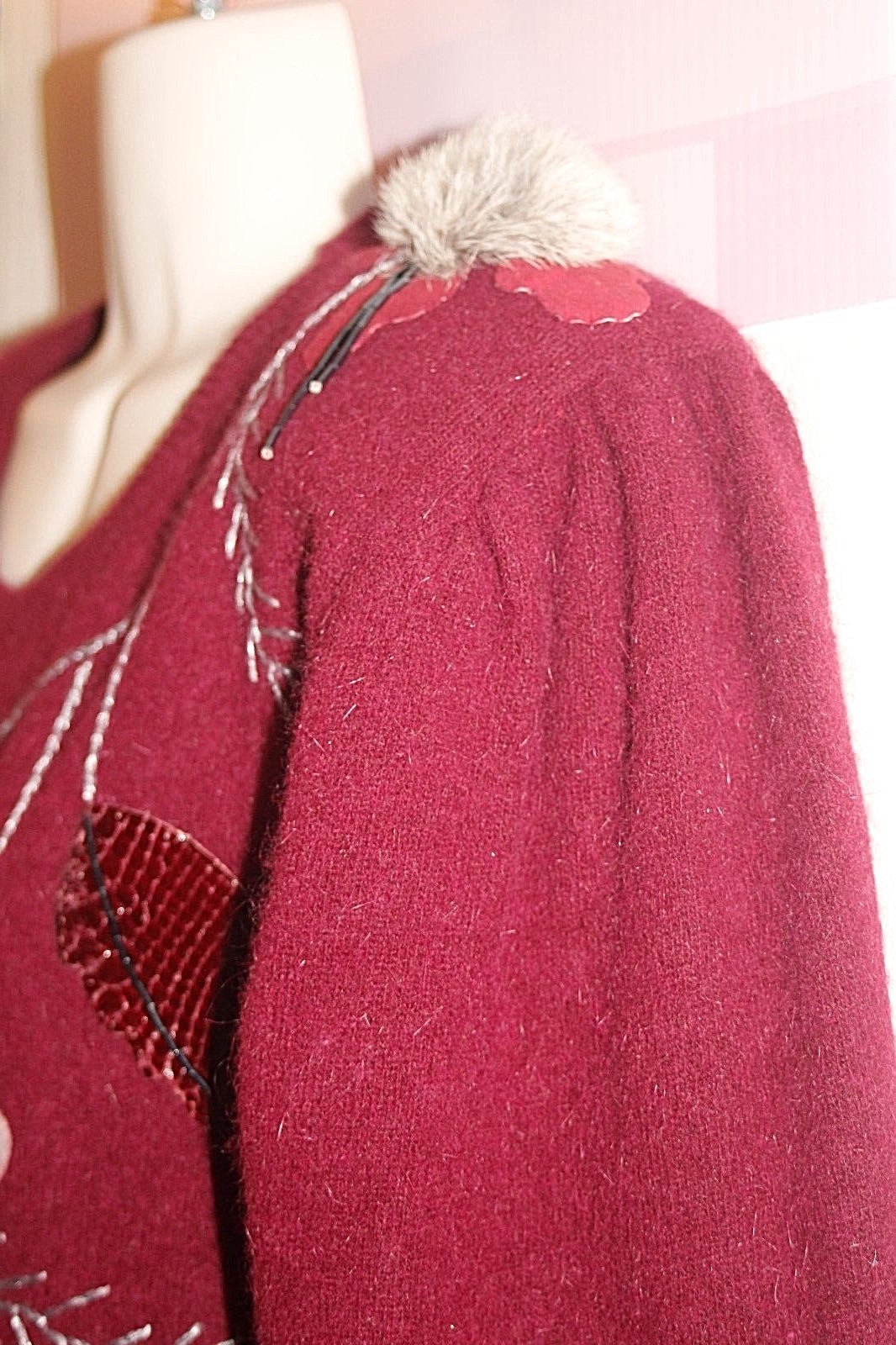LONTHAR VINTAGE Angora Sweater Chinchilla Appliqués Work of Art Sz L/XL *VG-EXC