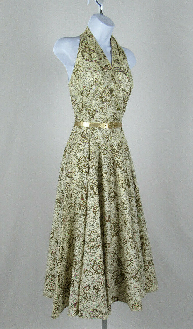 VTG 1950s 60s ADELE CALIFORNIA PAPER DRESS FLORAL PAISLEY DESIGNS GOLDEN BELT