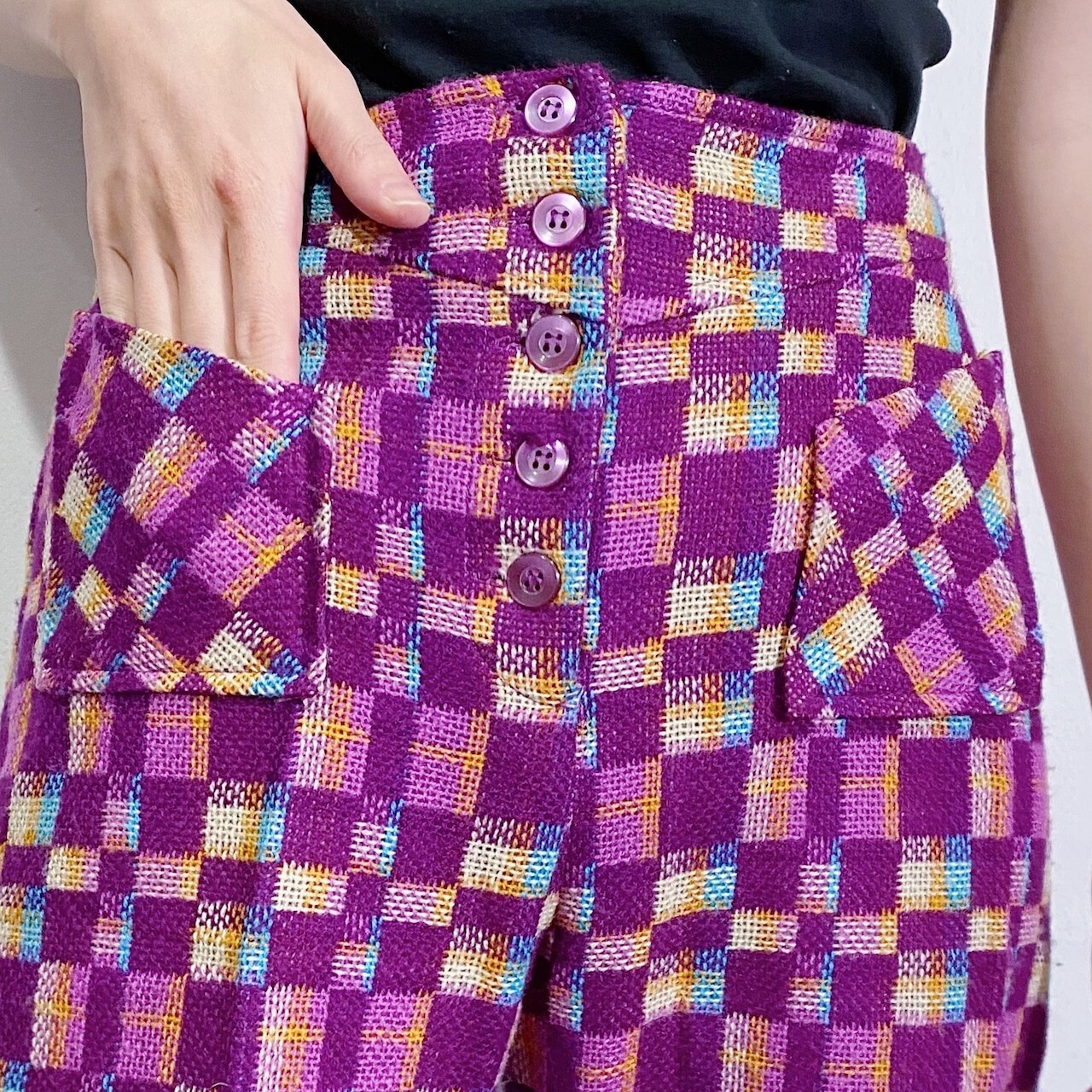 Vtg 60s-70s Raisa Ladies Multi Color Woven Acrylic Plaid Hip Hugger Pants VTG 16