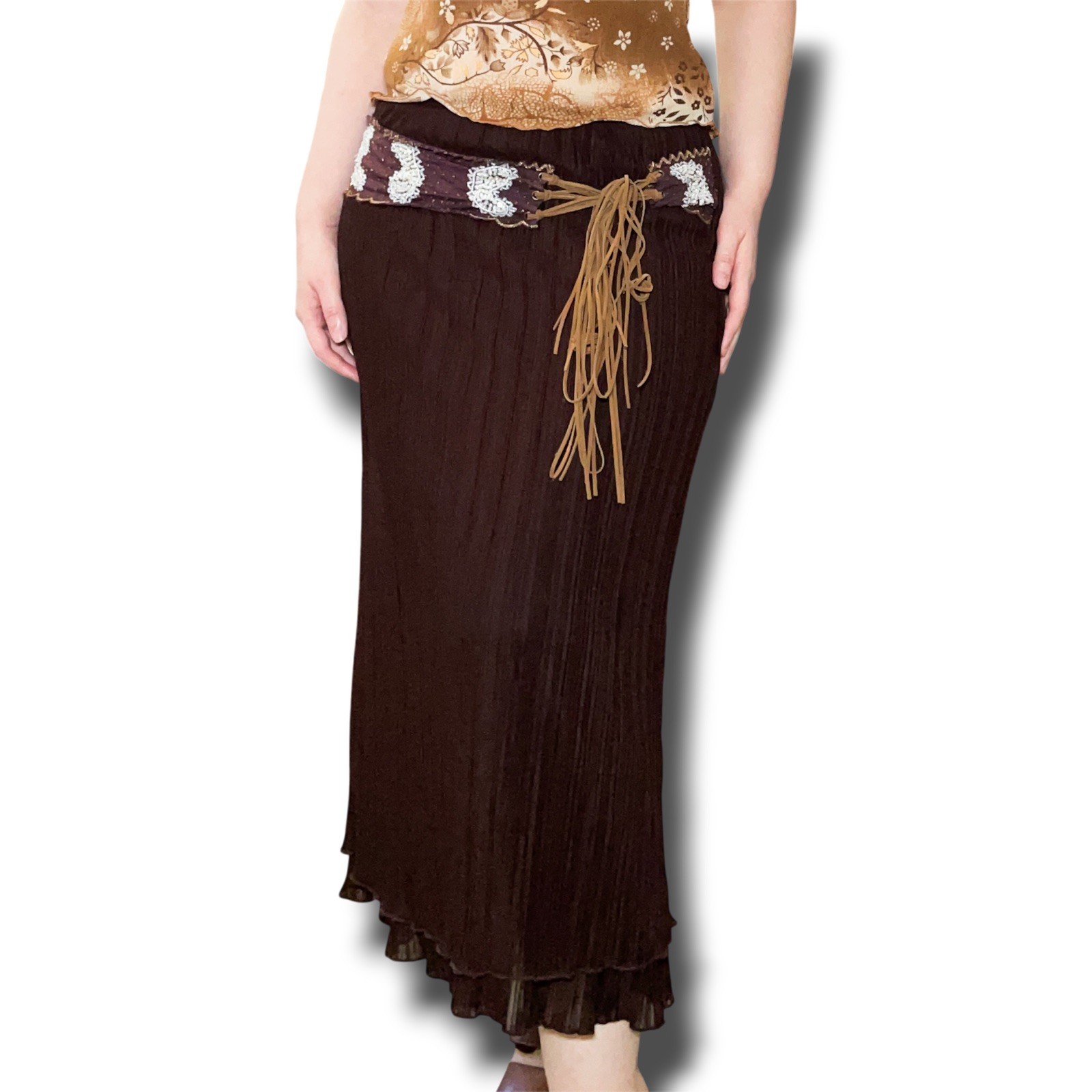 Vintage Y2K Three Pink Hearts Trixxi Brown Paisley Beaded Sequin Belted Skirt Sm