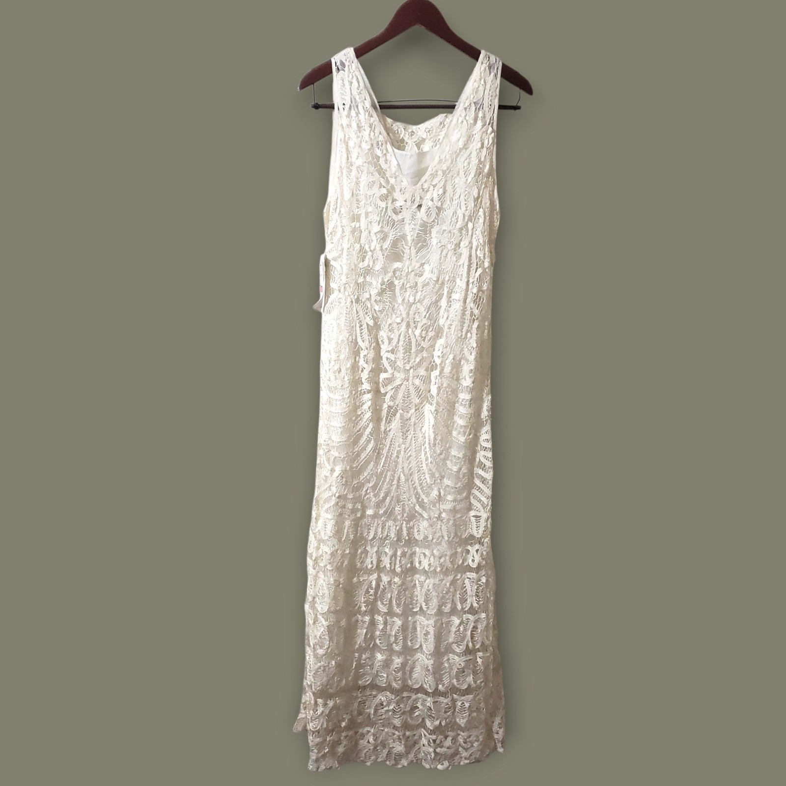 VTG Plaza South Ivory Crochet Lace Maxi Dress Sleeveless Wedding Event Size 14