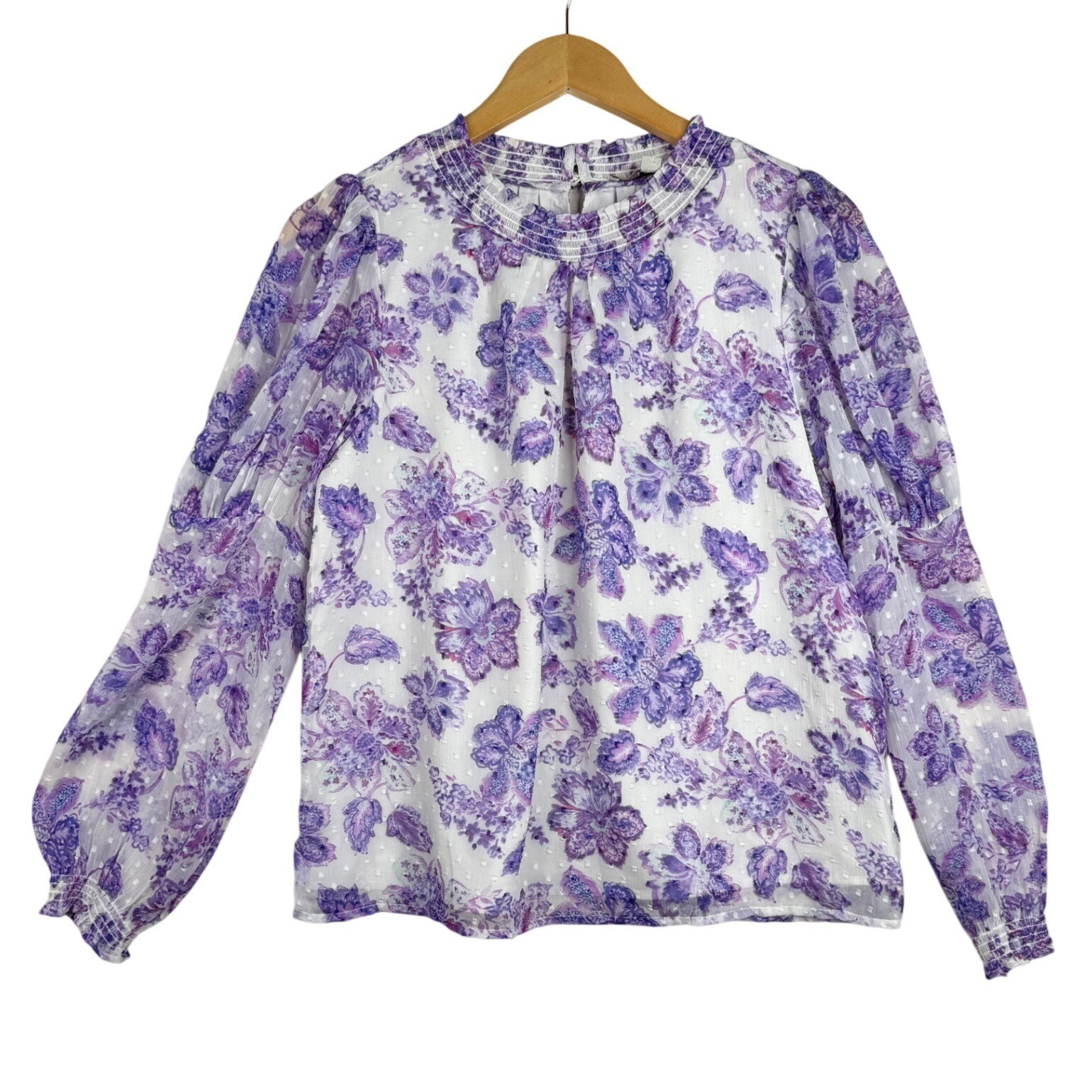 Loft Floral Clip Puff Long Sleeve Blouse size Small White/Purple