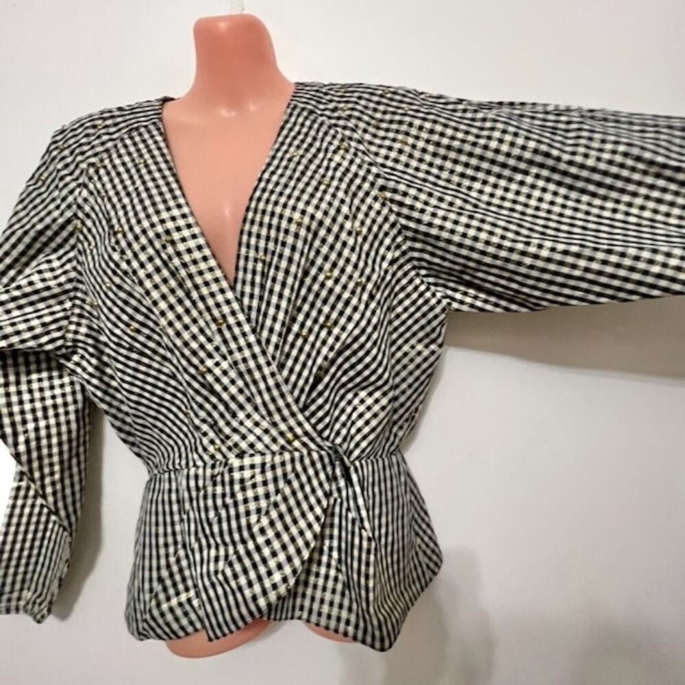 Vintage Opal Hot Property Gingham Metallic Gold Studded Wrap Blouse Small USA