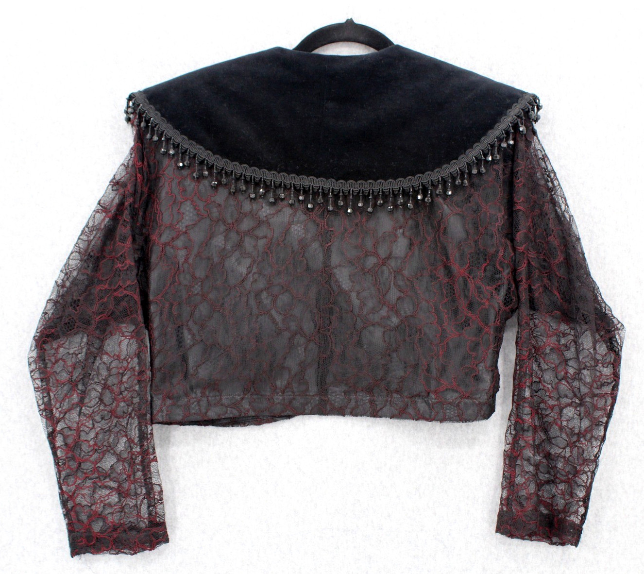 Sue Wong Bolero Jacket Medium Black Burgundy Lace Velvet Sequin Beaded Fringe