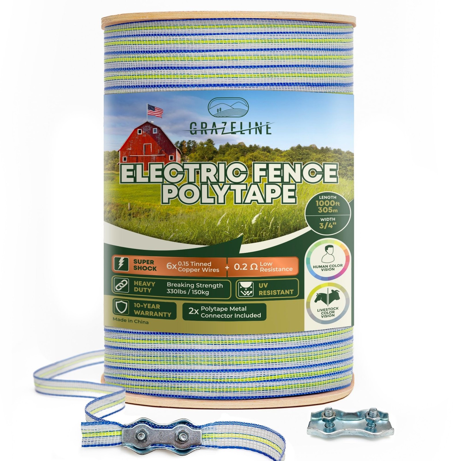 Electric Fence Polytape 1000ft – 3/4″ 6-Wire, 0.2 Ohm, 330lb Strength, 10-Yr Wty