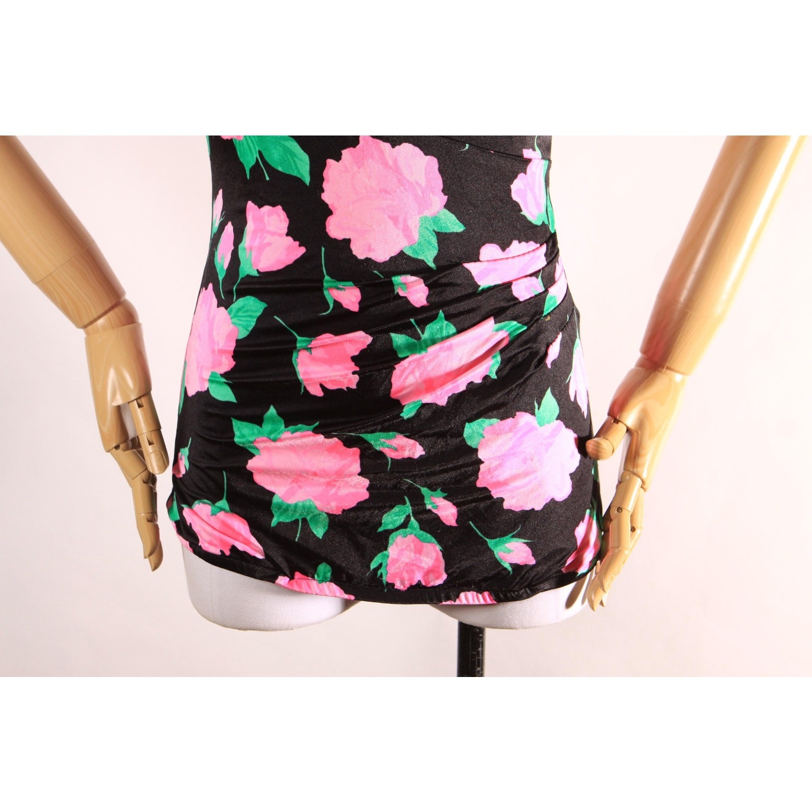 1970s 1980s Black Pink Green Floral One Piece Swimsuit by Maxine of Hollywood