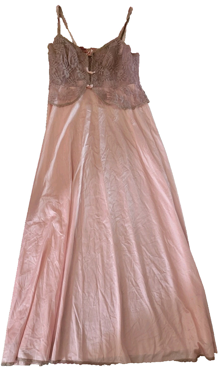 Vintage Chic pink long chemise nightie retro lingerie bows & lace bodice M L