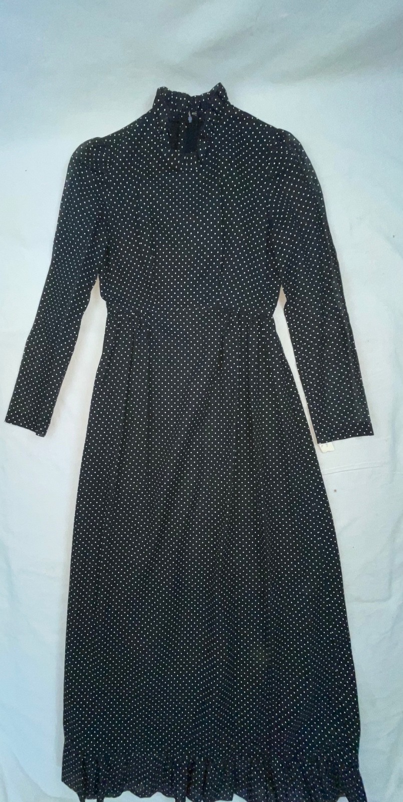 VTG 60S 70S DOES 40S WOMENS S BLACK POLKA DOT LONG HOUSE WORK DRESS