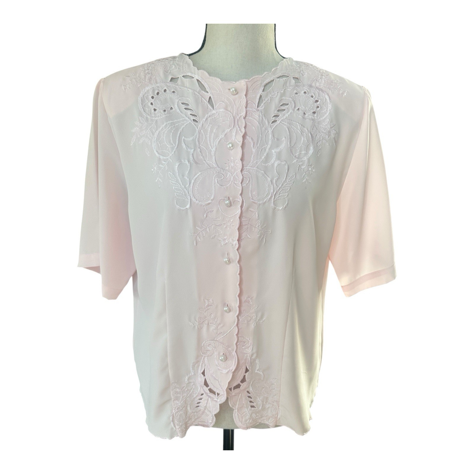 Vtg Christie & Jill Pink Embroidered Blouse Cottagecore Grannycore Lacecore