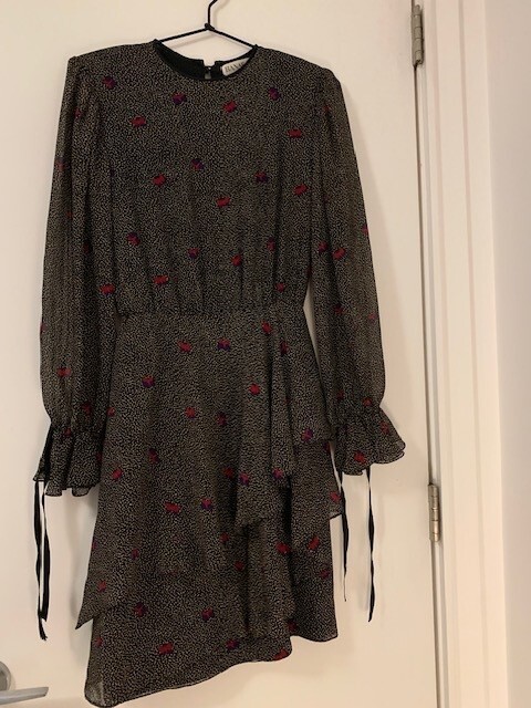 Vintage Hanae Mori silk butterfly polka dot lined Dress with Ruffle skirt Sz S