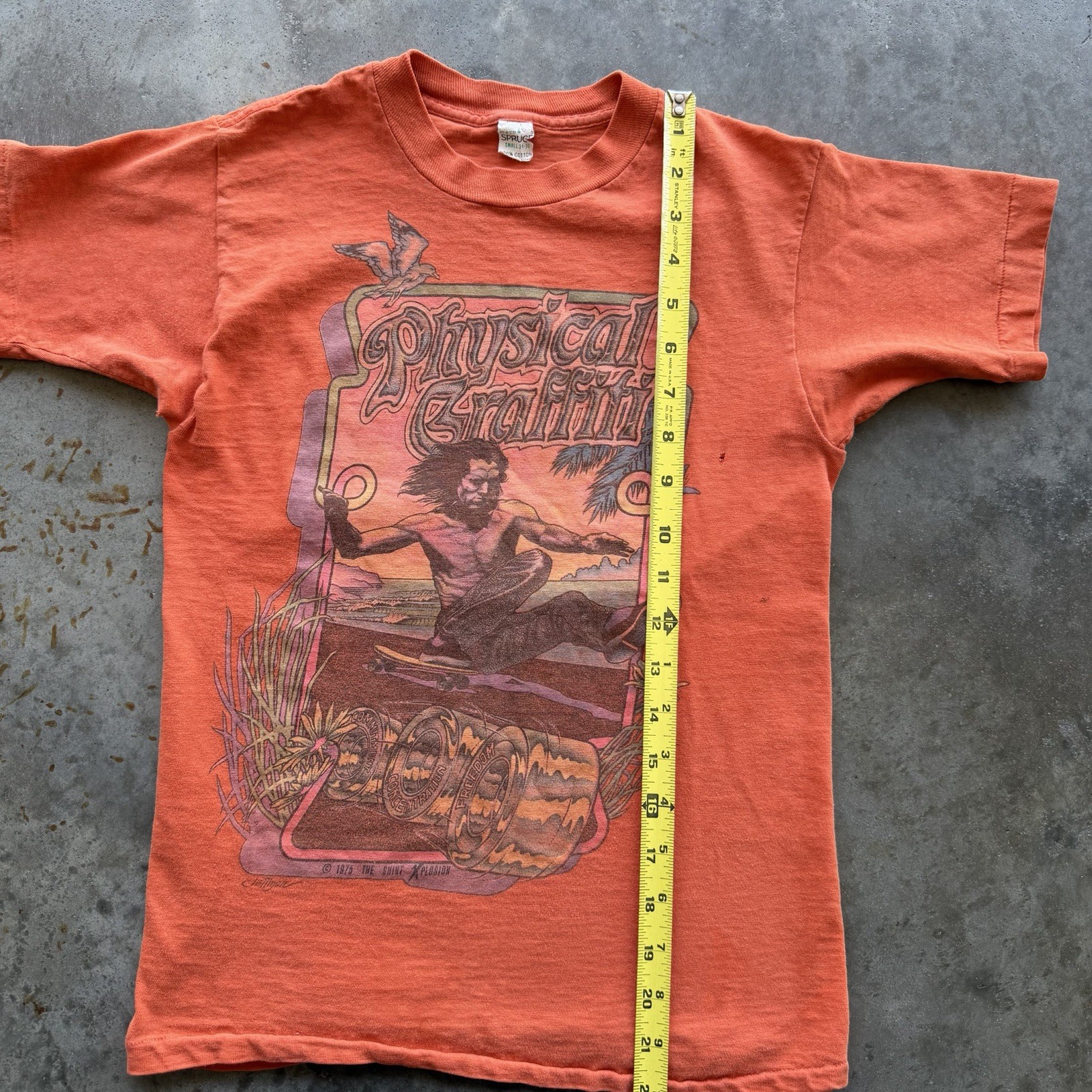 VTG 70s “Physical Graffiti” Orange Baby Skate Tee Size S Jay Adams
