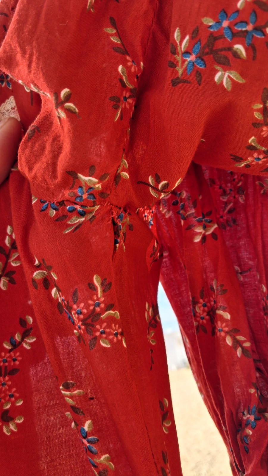 Gunne Sax 1970s Red Floral Prairie Cotton Dress Lace Trim Long Sleeve Size 9.