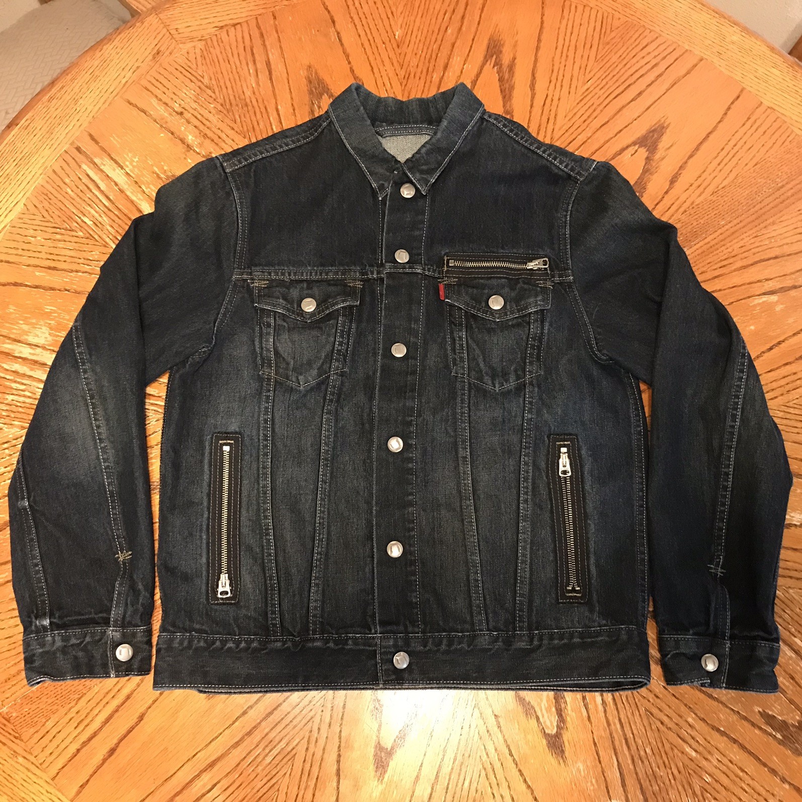 LEVIS Jean Jacket Moto Style Trucker #57540 Denim Zipper Rare Snaps Vintage XL
