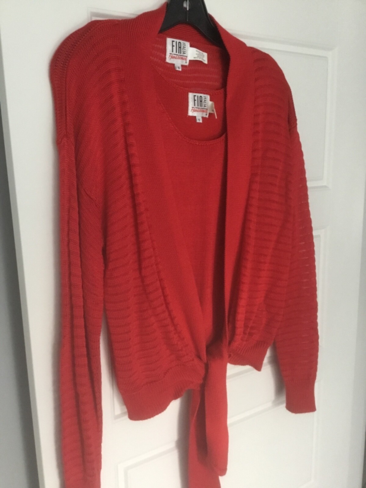 Red Fia Italia Handloomed Sweater Shell 2 Piece Set S Cardigan Vintage 80s EUC