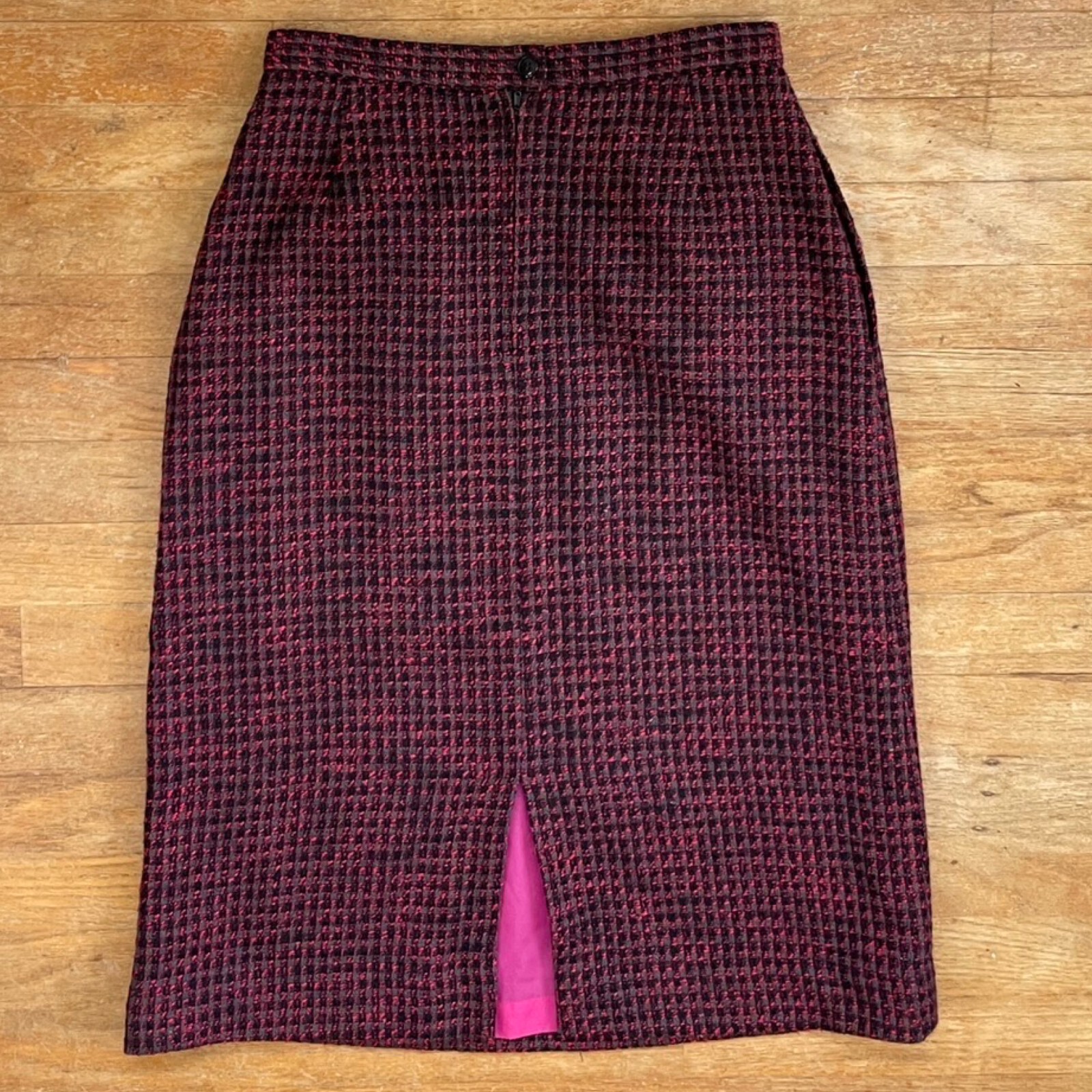 Vintage Pink Tweed Pencil Skirt Size Small 28″ Waist 1980s Woven Wool/Silk Blend