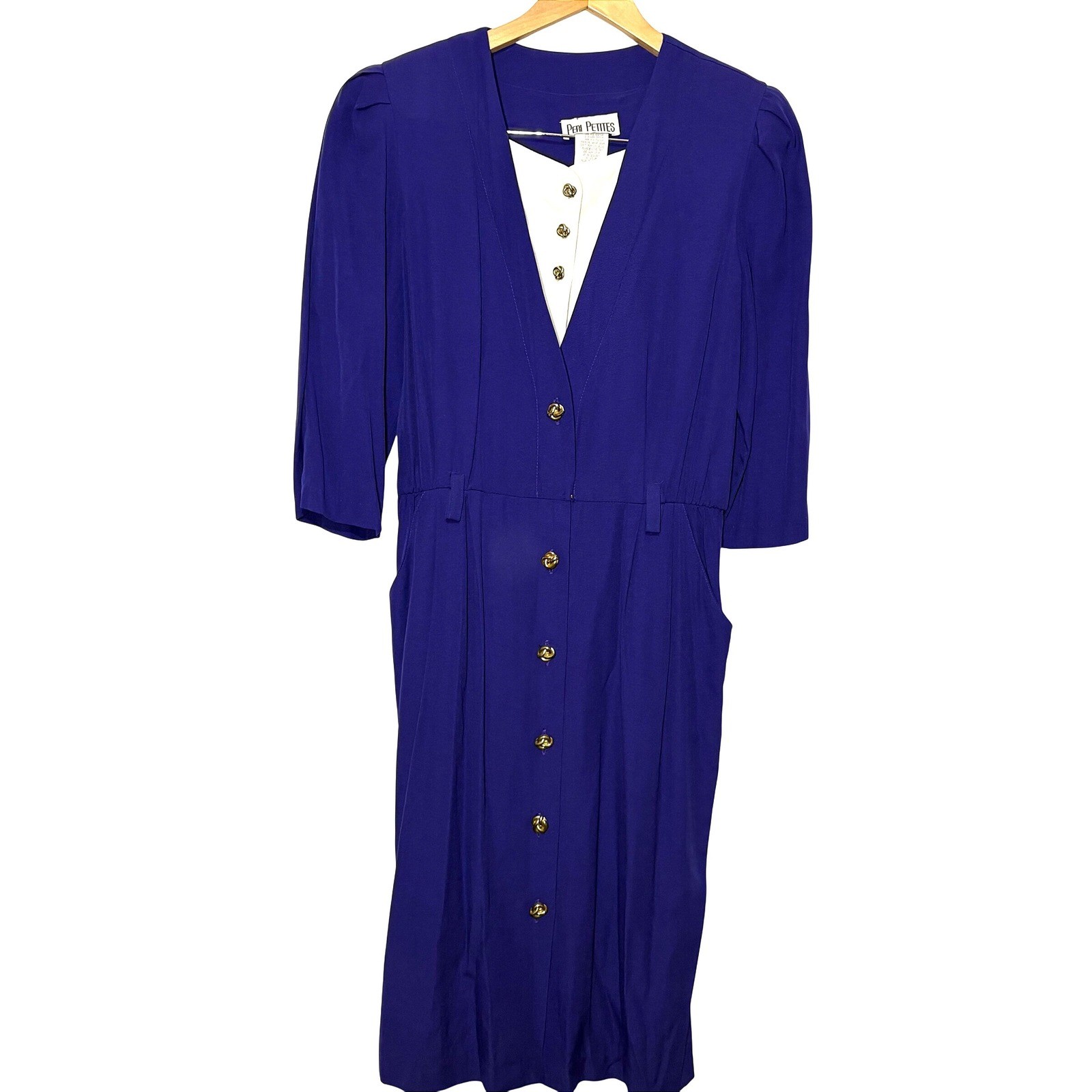 Vintage Peri Petites Blue Midi Dress Gold Knot Buttons 3/4 Sleeve Pockets 10P