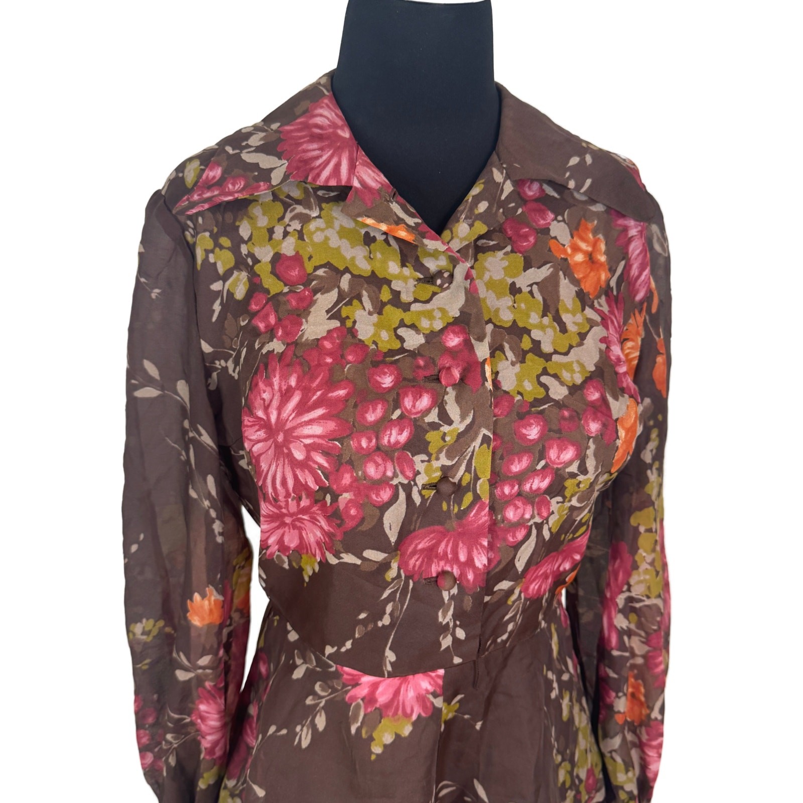 Vintage 1970s Zollner Modell German Floral Blouse Sheer Bishop Sleeve Peplum