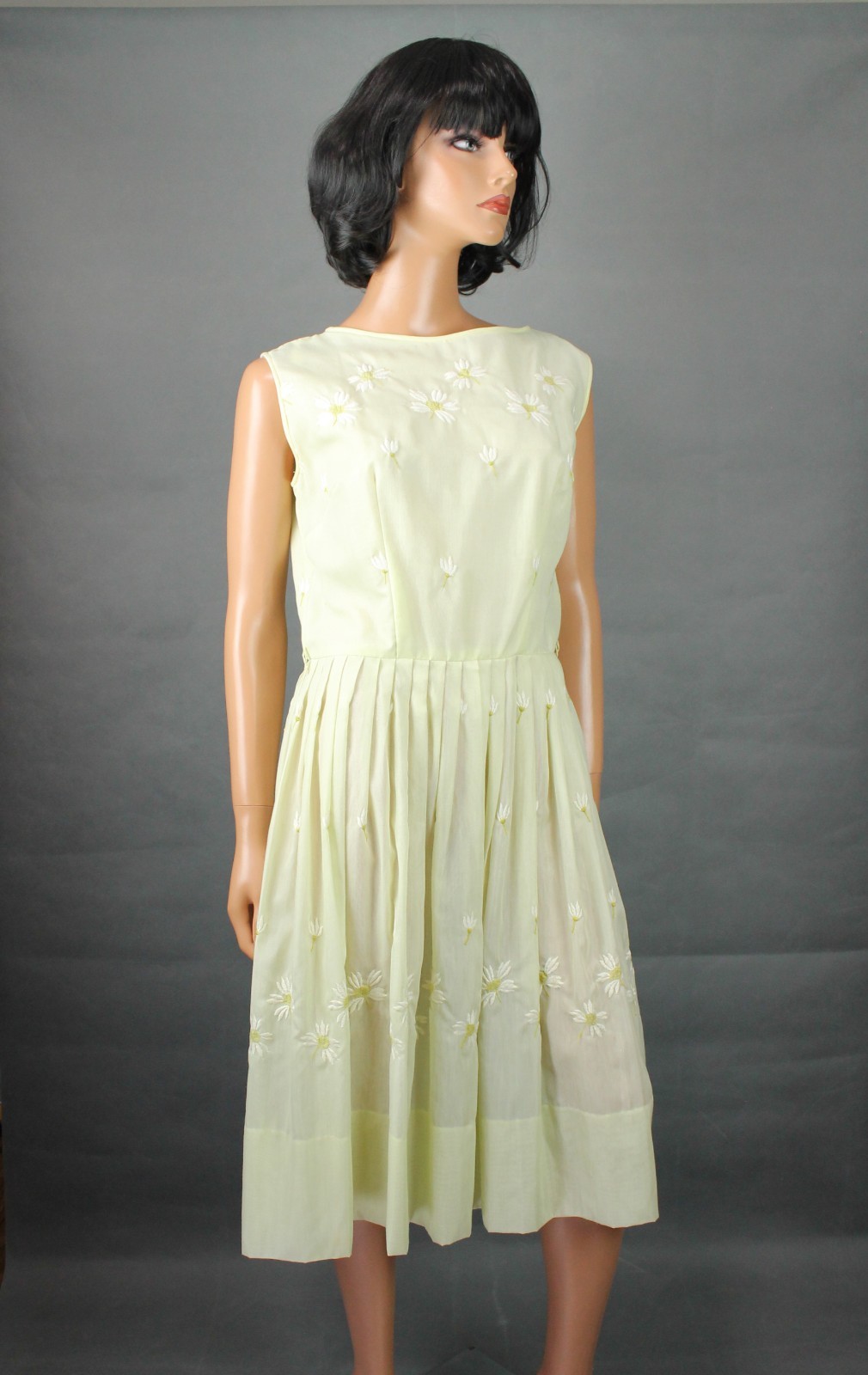 50s Cocktail Dress 16 L Vintage Light Yellow Semi Sheer Embroidered Party Gown