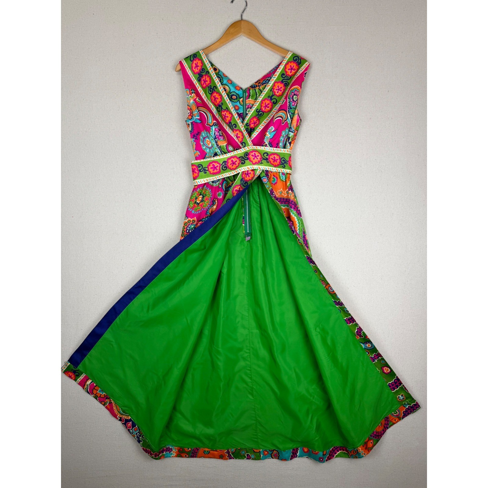 VTG Psychedelic Paisley Floral Maxi Dress Pink Orange Green Garden Party Boho