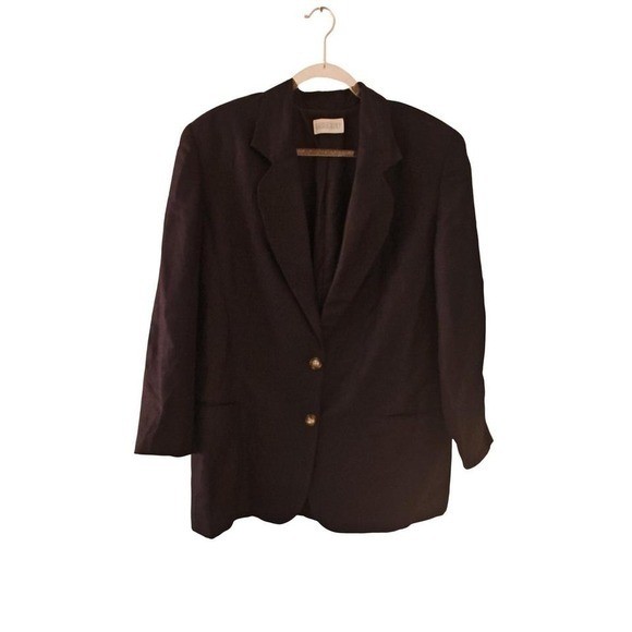Blazer Black Lands End Vintage Linen Blend Two Button Jacket 16