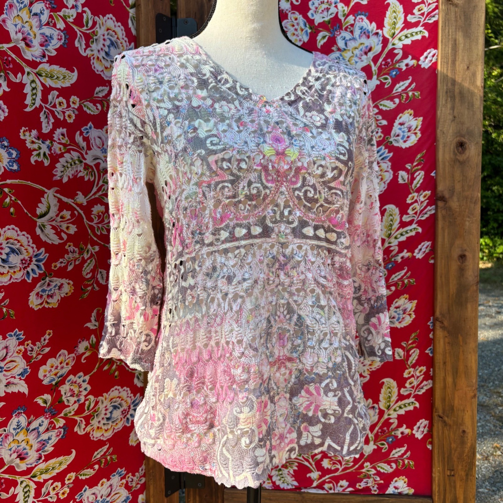 Vintage Wrangler Psychedelic Indie Western 3/4 Sleeve Top Women’s Size M