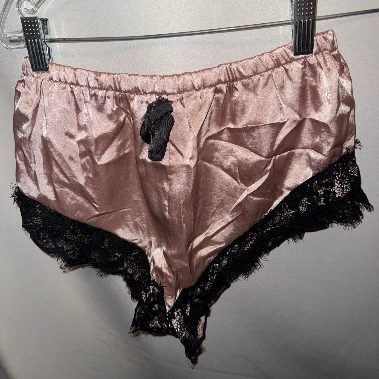 Vintage PJ Shorts Pink Black Lace Feminine Romantic Pajama Medium