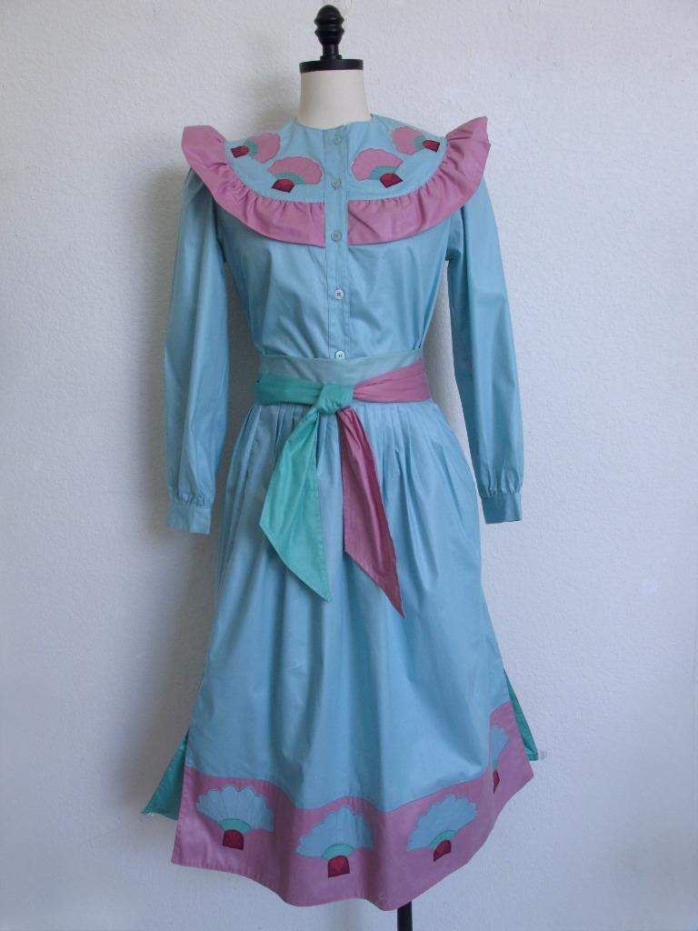 Vintage 80s Salaminder Kansas City Southwestern 2Pc Dress Top Skirt XXS Applique