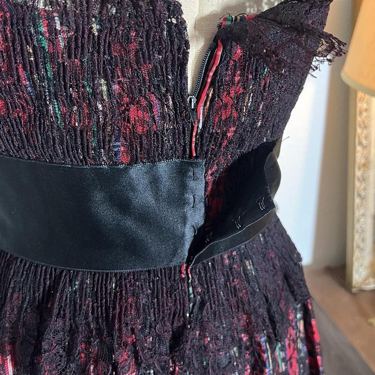 True Vintage Geoffrey Beene Red Black Lace Plaid 1960s 1970s Formal Prom Dress
