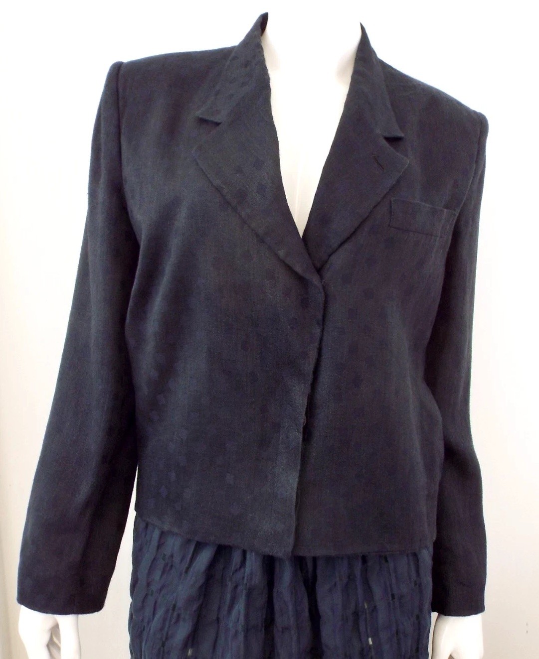 Vintage 1980s Giorgio Armani Navy Blue Blazer Dress Jacket Medium Square Print