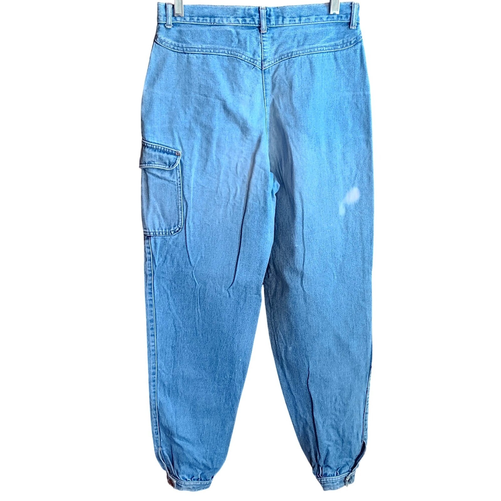 True Vintage 80s Cargo Jeans 11 29×32 Snap Cuffs Distress Pentimento Brittania
