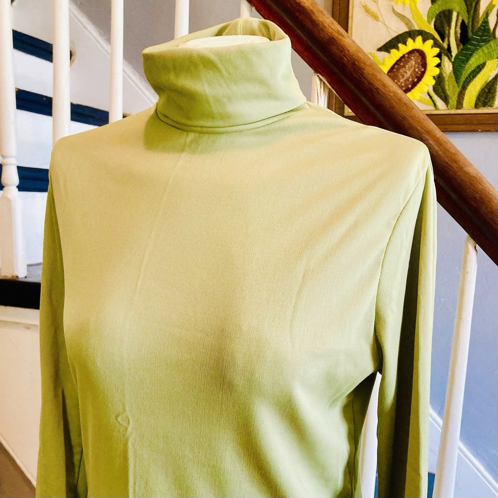 1970s Snap Pea Green Turtleneck Casual Mod Disco School Work 1960s Gogo