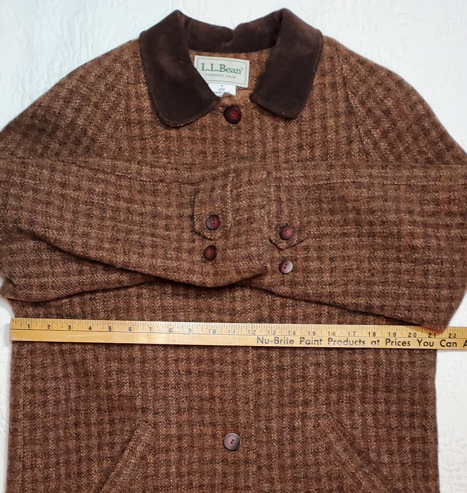 LL Bean Women’s M Petite Brown Check Long Wool Tweed Over Coat with Suede Collar