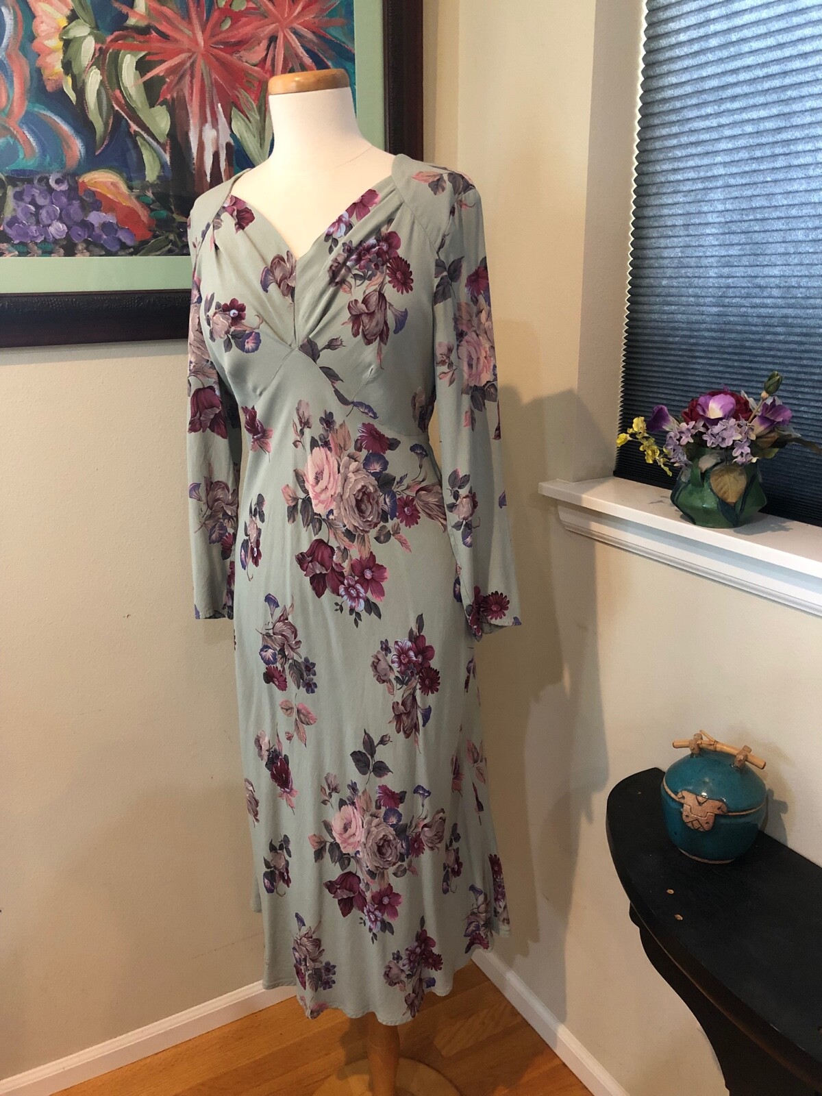 1990’s Carole Little Rayon Floral 30’s Inspired Pale Green Soft Bias Dress sz 6