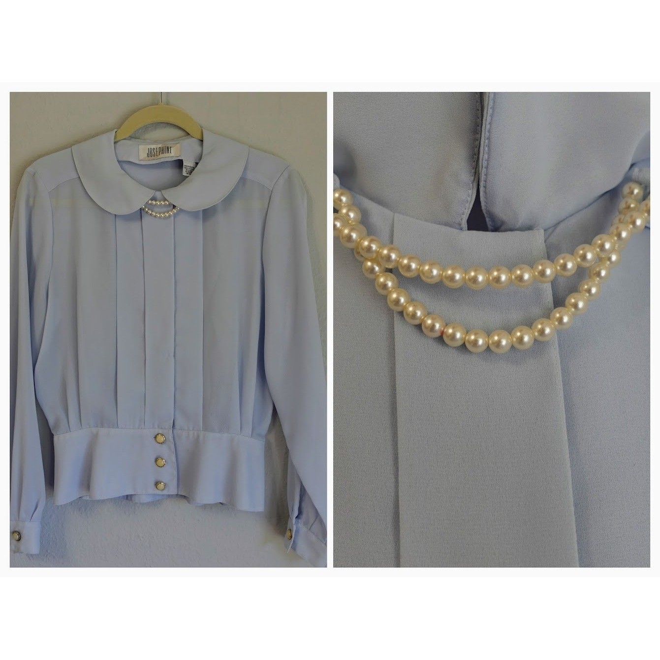 Vintage Blouse Womens 6 Baby Blue Peter Pan Pearl Coquette French Girl Feminine