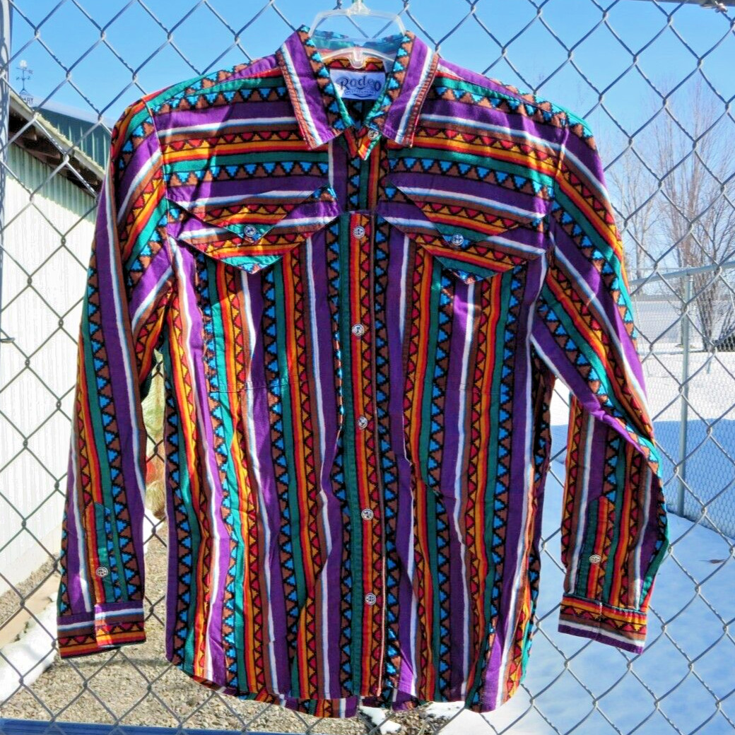 Vintage RODEO Western Wear Colorful Cotton Women’s Long Sleeve SHIRT Size L – M
