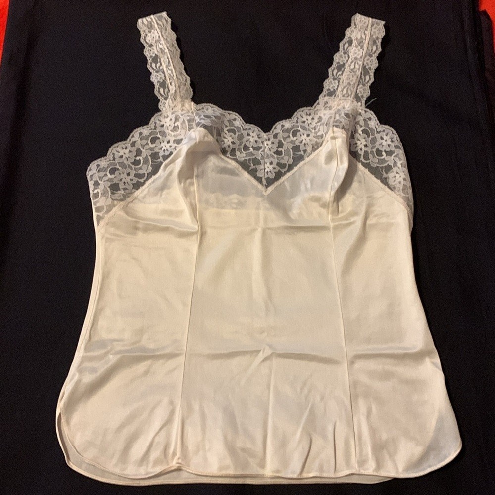 Women’s Ivory Satin Camisole Lingerie Top with Lace Trim, Satin Fabric