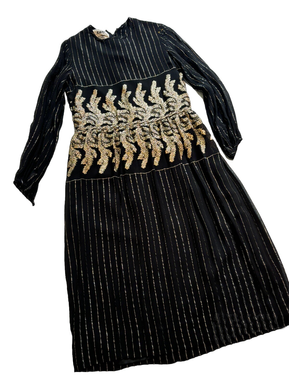 Casi Silk Dress Black And Gold Rear Vintage 1970. Vintage Size 10 More Like 2-4
