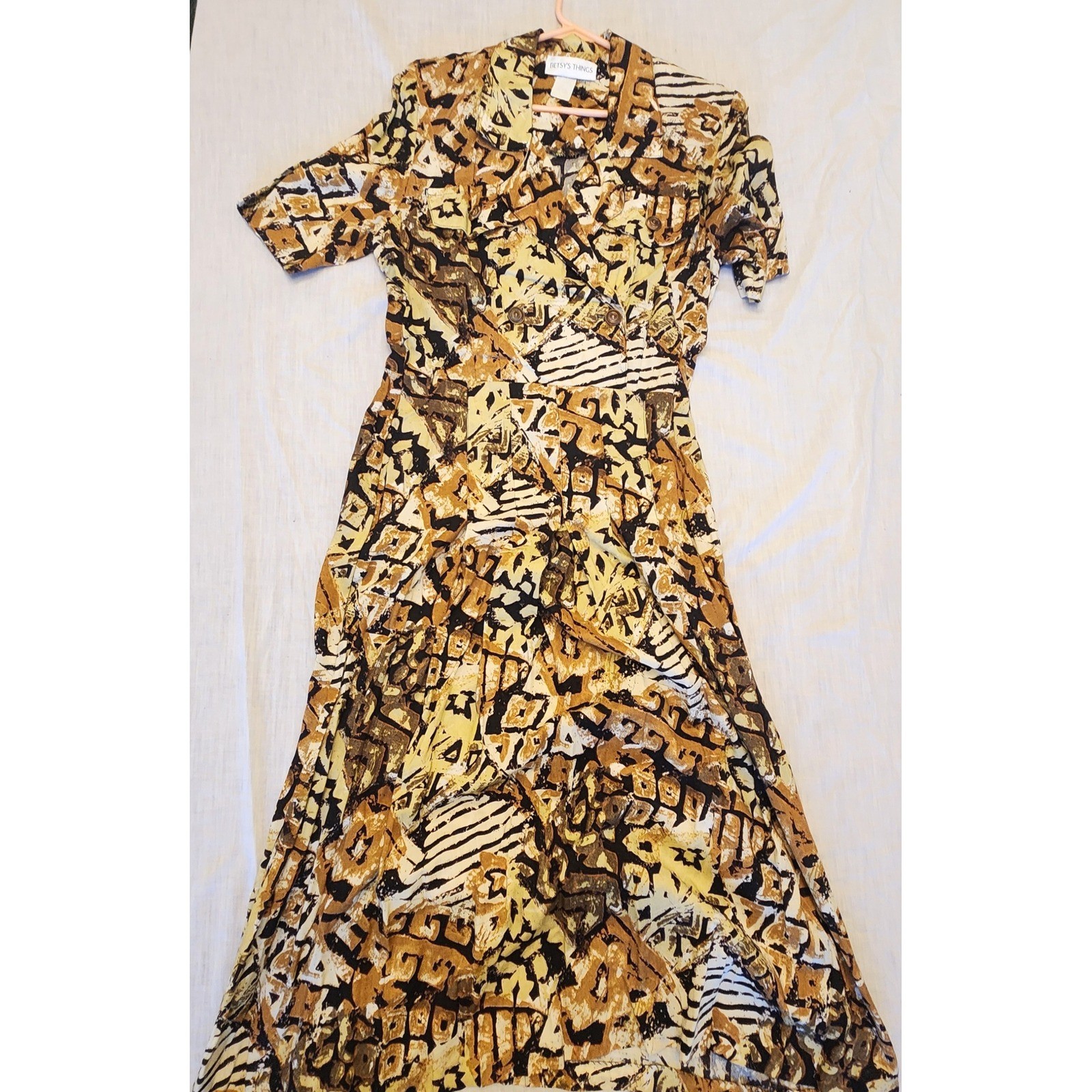 Vtg 80s Betsys Things Abstract Geometric Print Maxi Shirt Dress Brown Tan Black