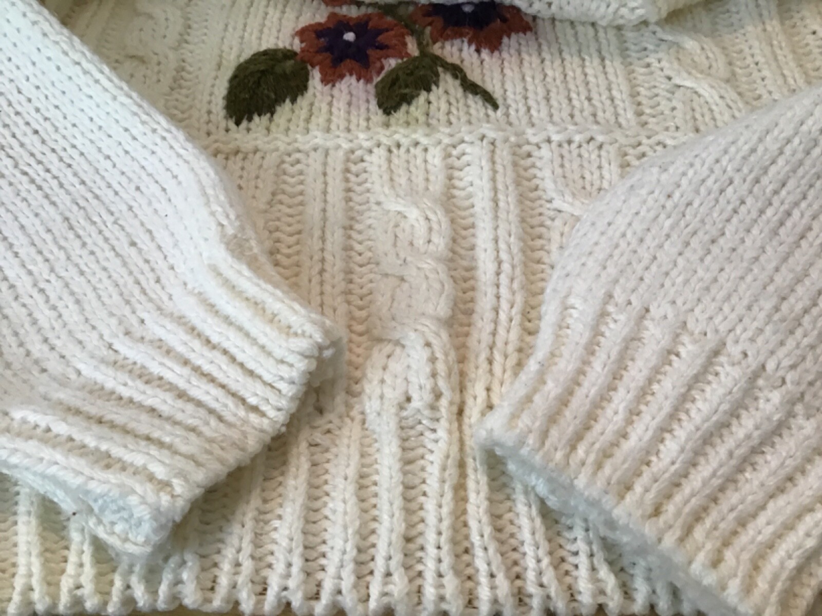 Vintage JJ Fargo Women’s Sweater Ivory Floral Knitted By Hand Granny Core Size M