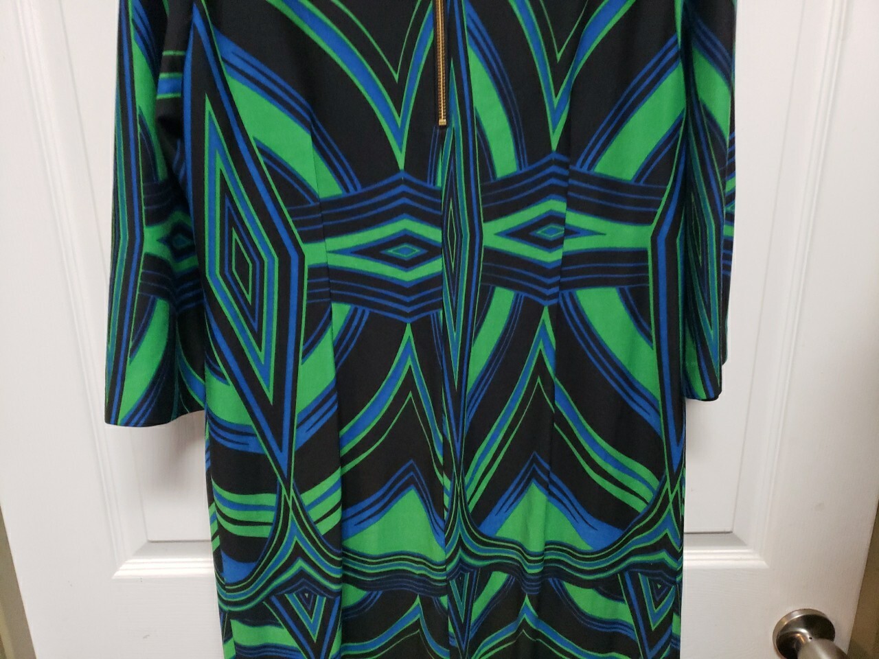 Vintage 90’s Dress Size 12 J. Taylor Green Blue Geometric 3/4 Sleeve Zipper Back