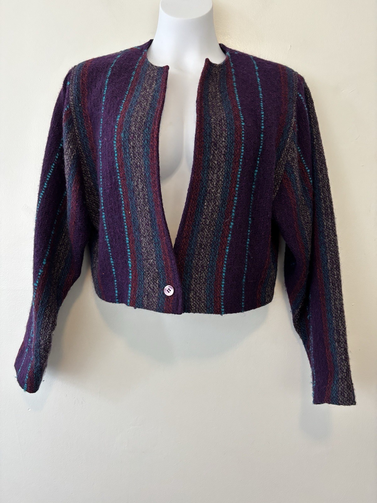 Vintage Fenn Wright Manson Wool Blend Open Jacket Purple Red Blue Cropped
